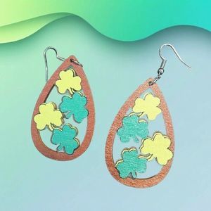4 Two-Tone Green Clovers Shamrock Wood Teardrop Earrings